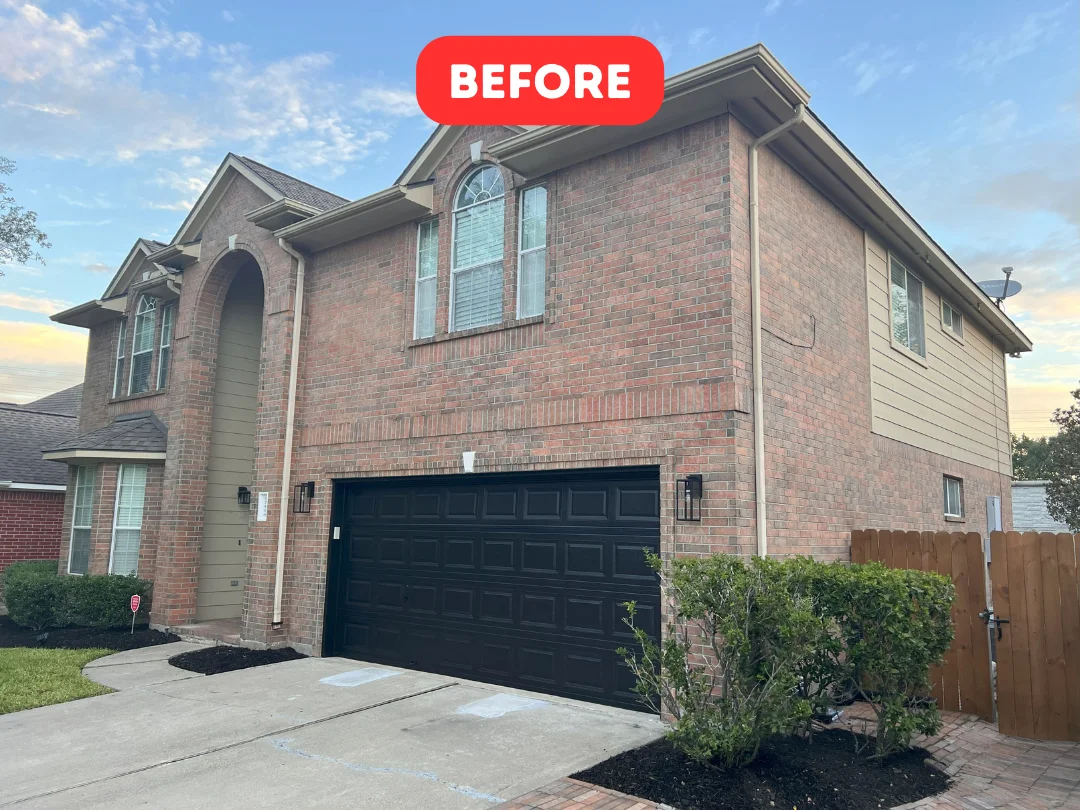 A before and after of an exterior brick house painting project.
