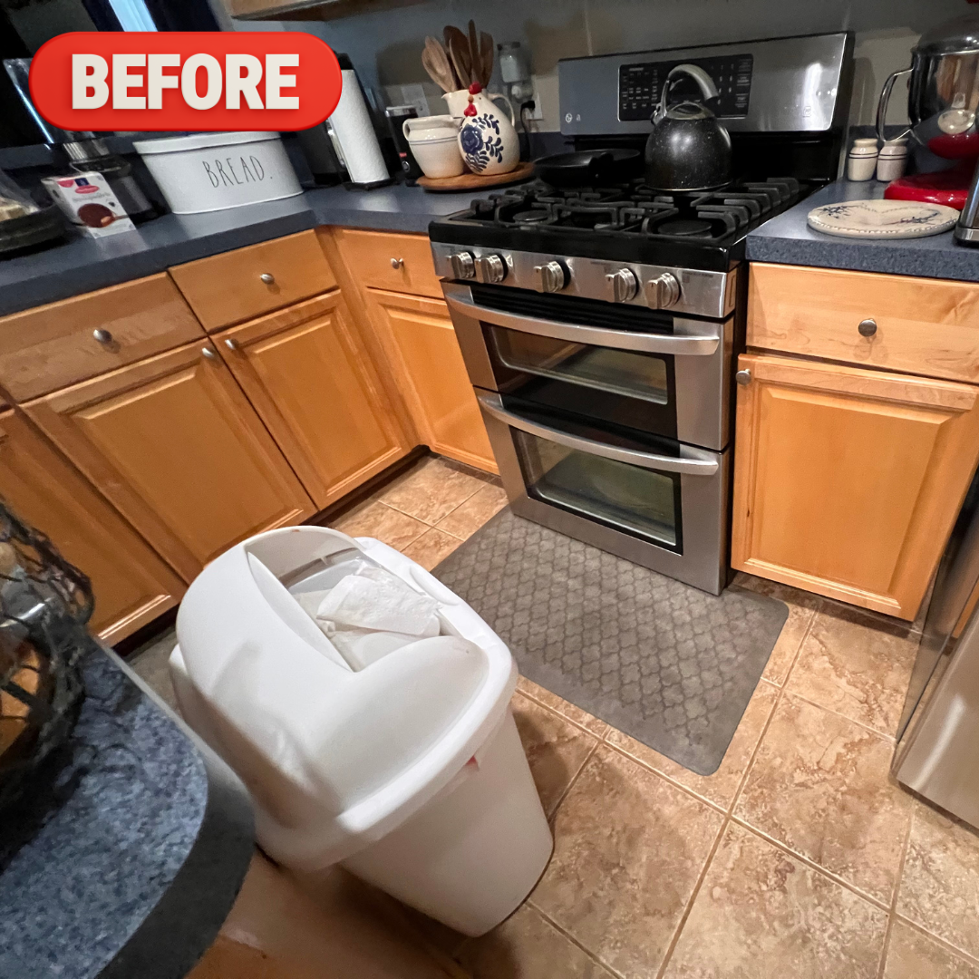 A before and after of a kitchen cabinet painting project.