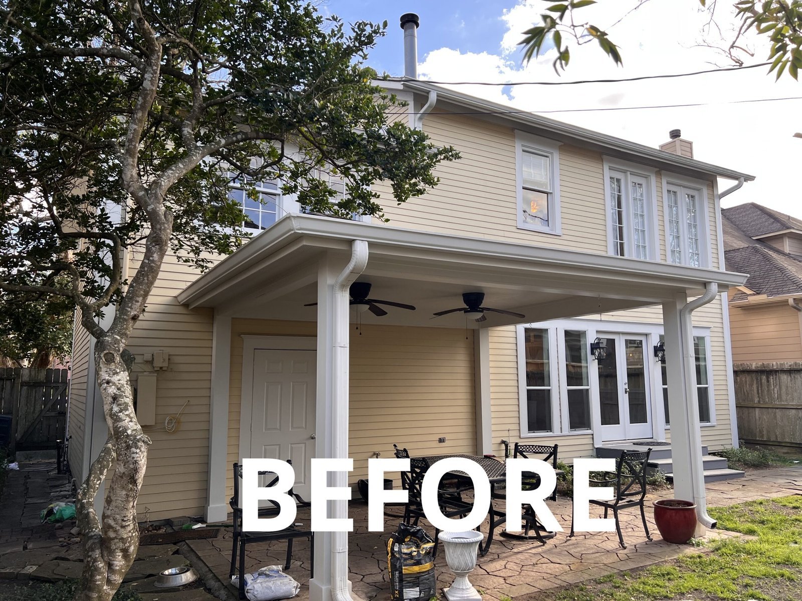 A before and after of an exterior house painting project.