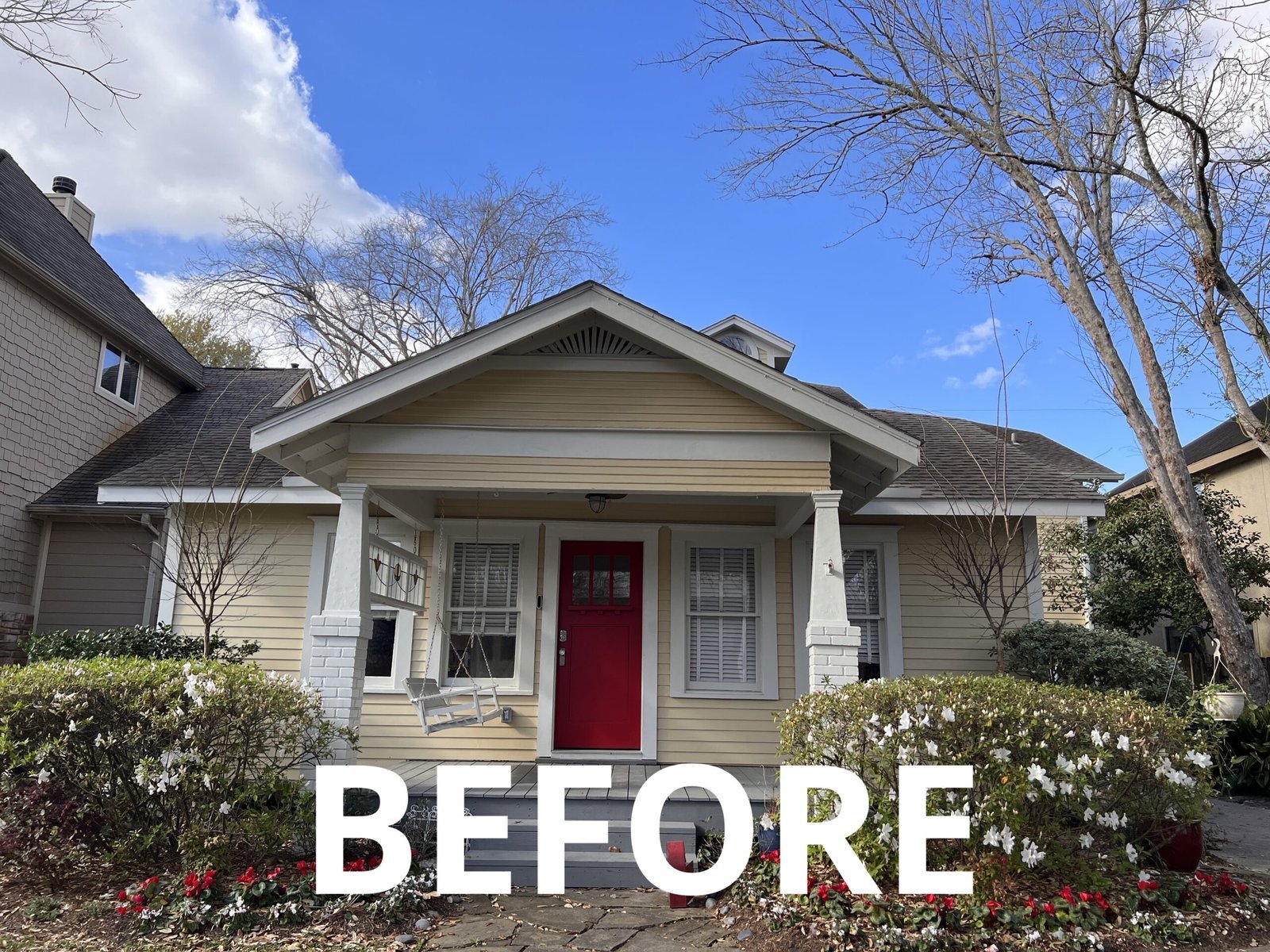 A before and after of an exterior house painting project.