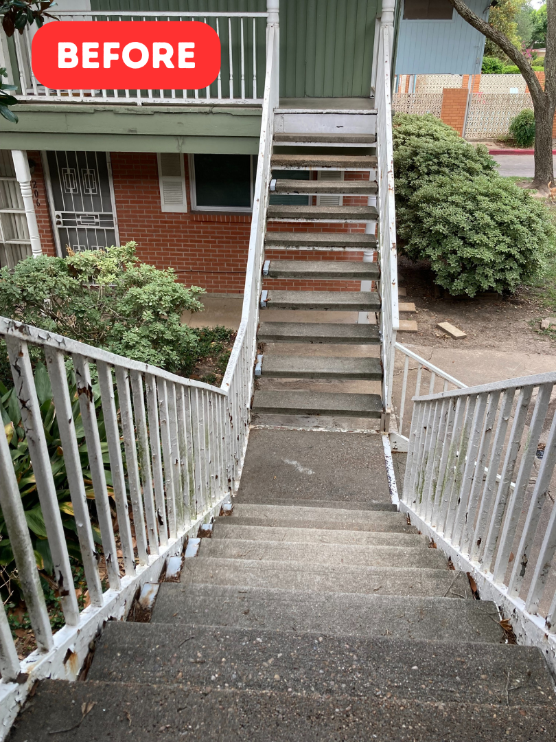 A before and after of an exterior staircase painting project.