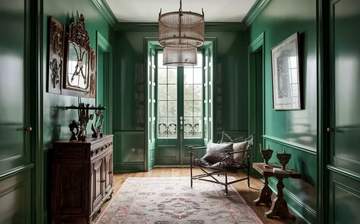 A large traditional hallway with green walls and a windowed door