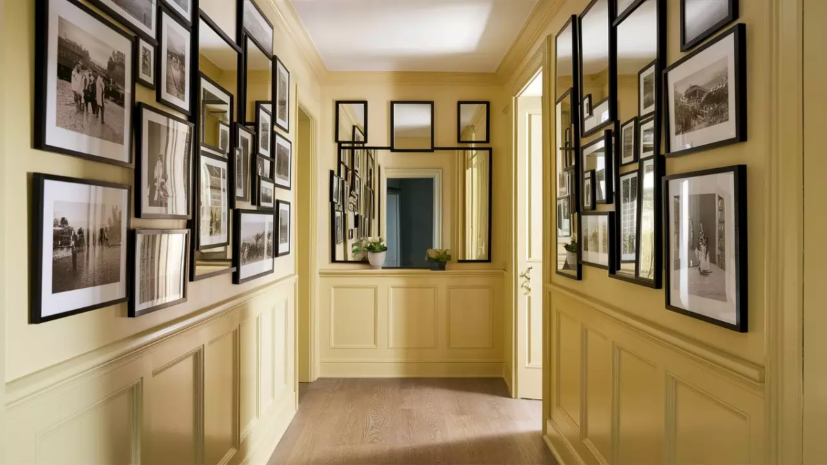Yellow color drenching used for a hallway with windows and picture frames