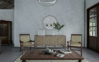 A living room with light gray limewash walls and furniture