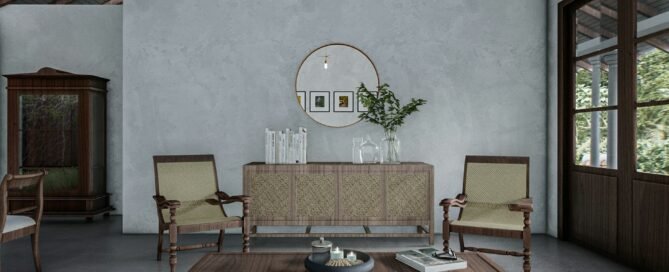 A living room with light gray limewash walls and furniture