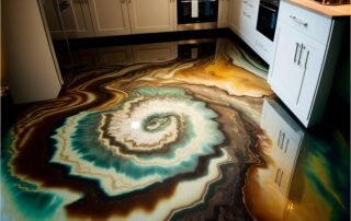 A swirled marble epoxy kitchen floor with blues, browns, and whites