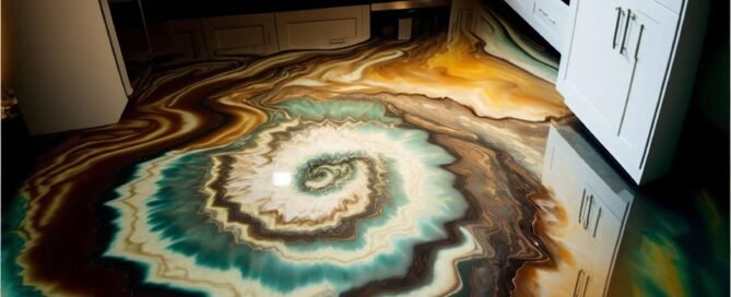 A swirled marble epoxy kitchen floor with blues, browns, and whites