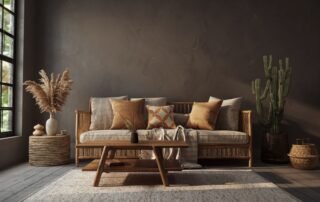 A brown limewashed living room interior with earthy decor and wicker furniture